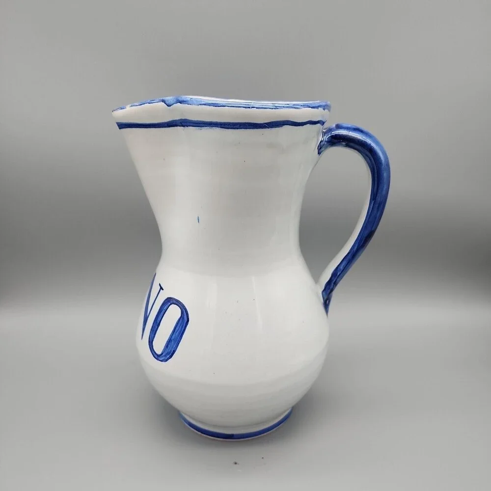 Talavera Spain Vino Pitcher Jug Hand Painted Pottery White Cobalt Blue Marked